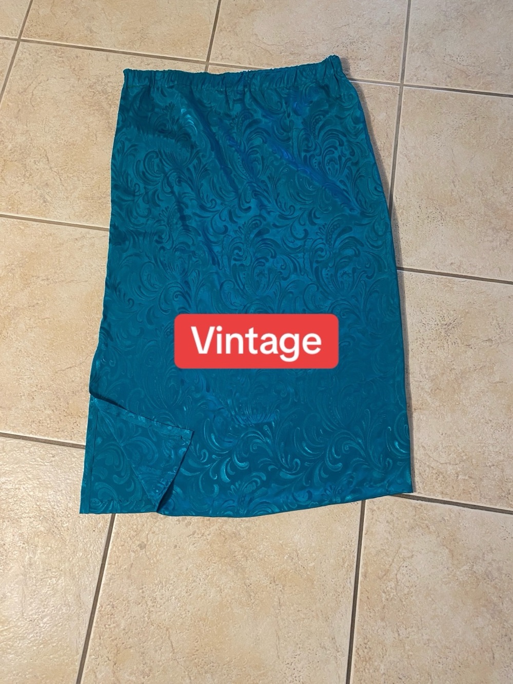 80’s Teal Jacquard Midi Slip Skirt with Shiny Damask Pattern